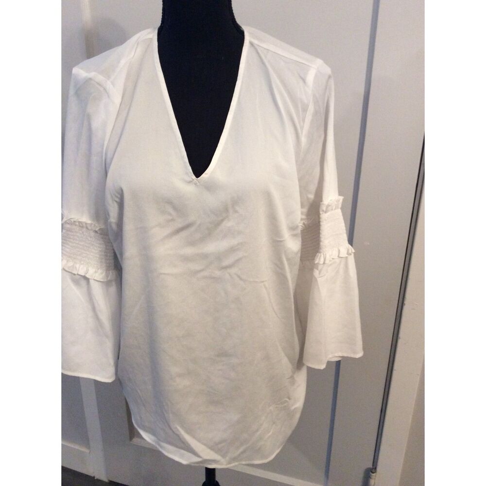 Karl Lagerfeld Paris White V Neck Boho Blouse Large L Womens